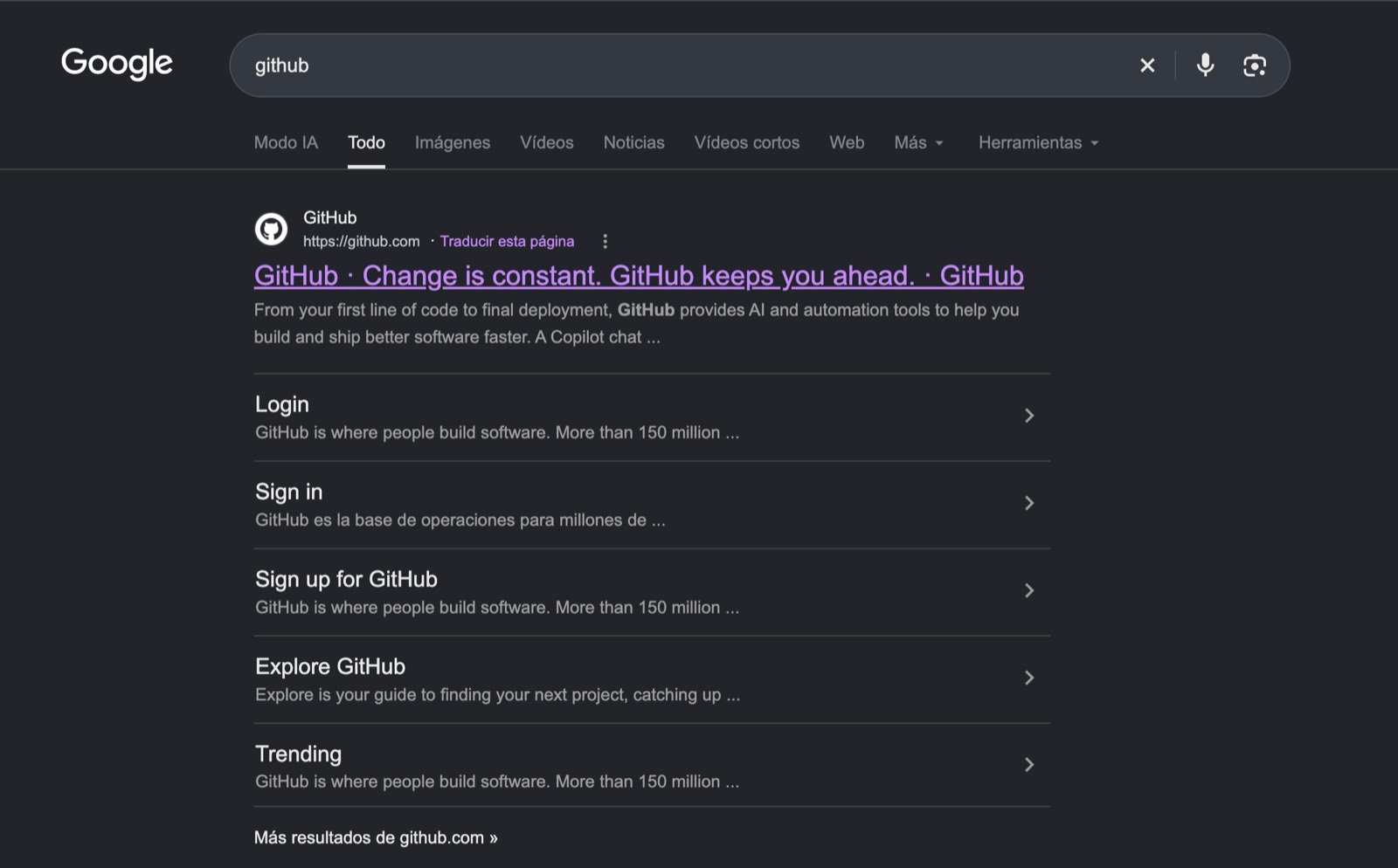 Resultado de Google con la web oficial github.com
