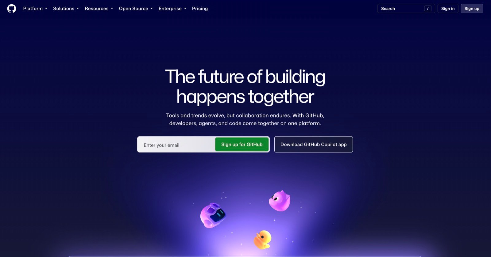 Portada de GitHub con los botones Sign up
