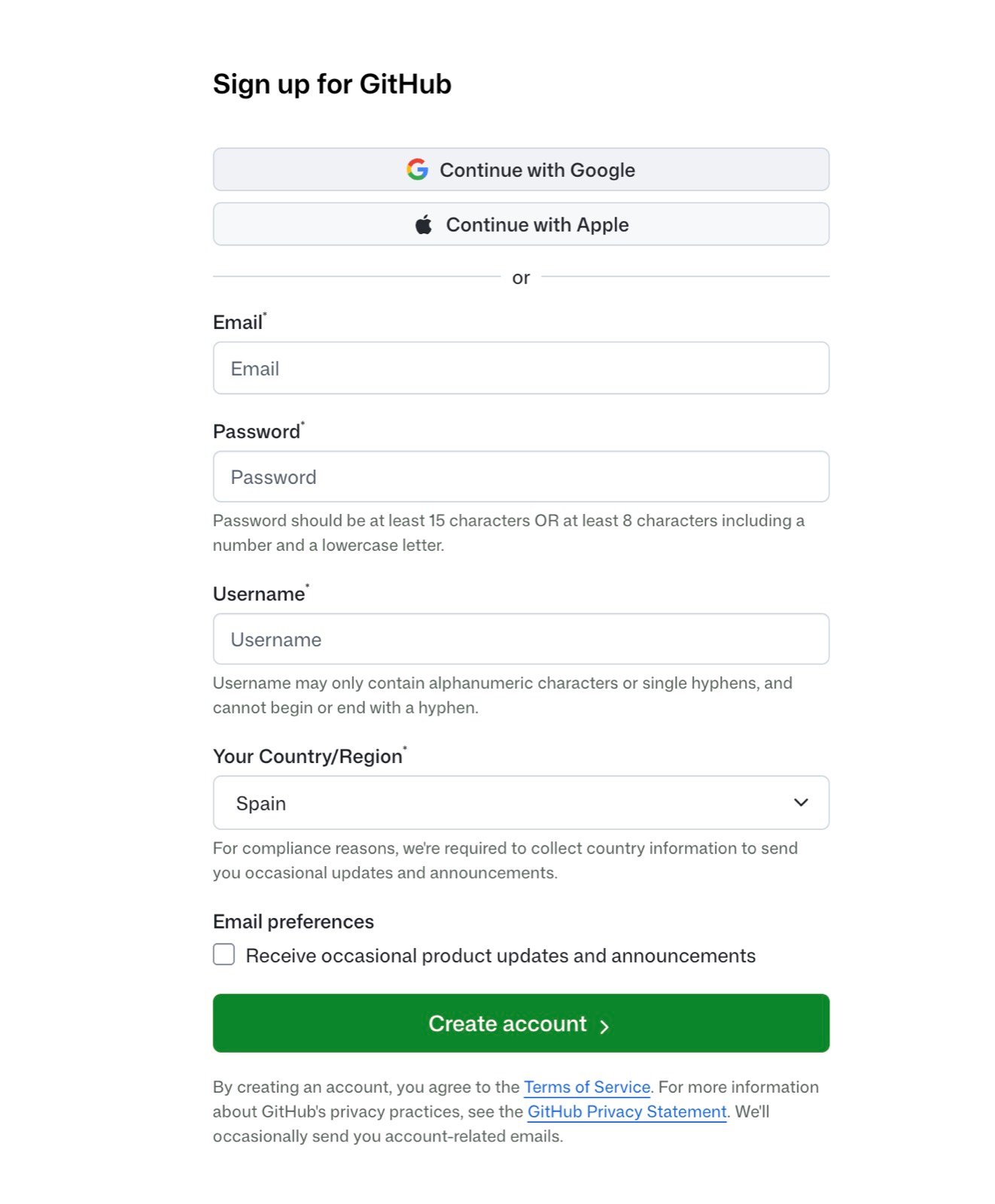 Formulario de registro de GitHub con la opción Continue with Google