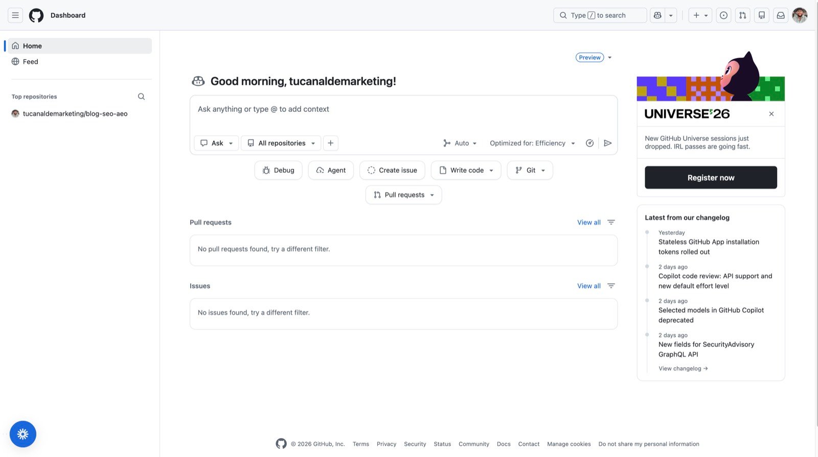 Página de inicio de GitHub después de crear la cuenta