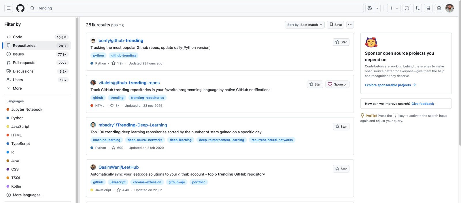 Resultados del buscador de GitHub con los filtros a la izquierda