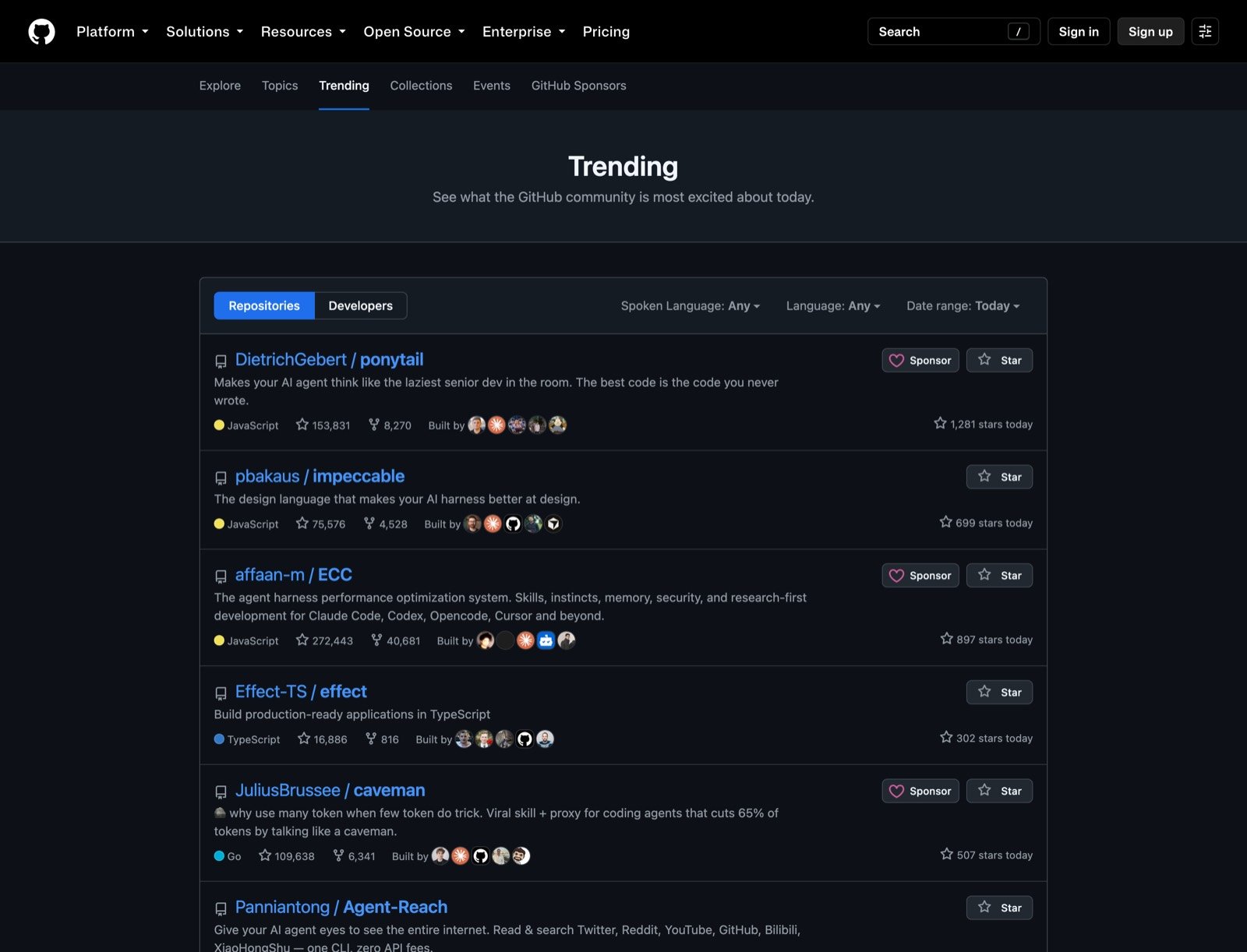 Página Trending de GitHub filtrada por hoy