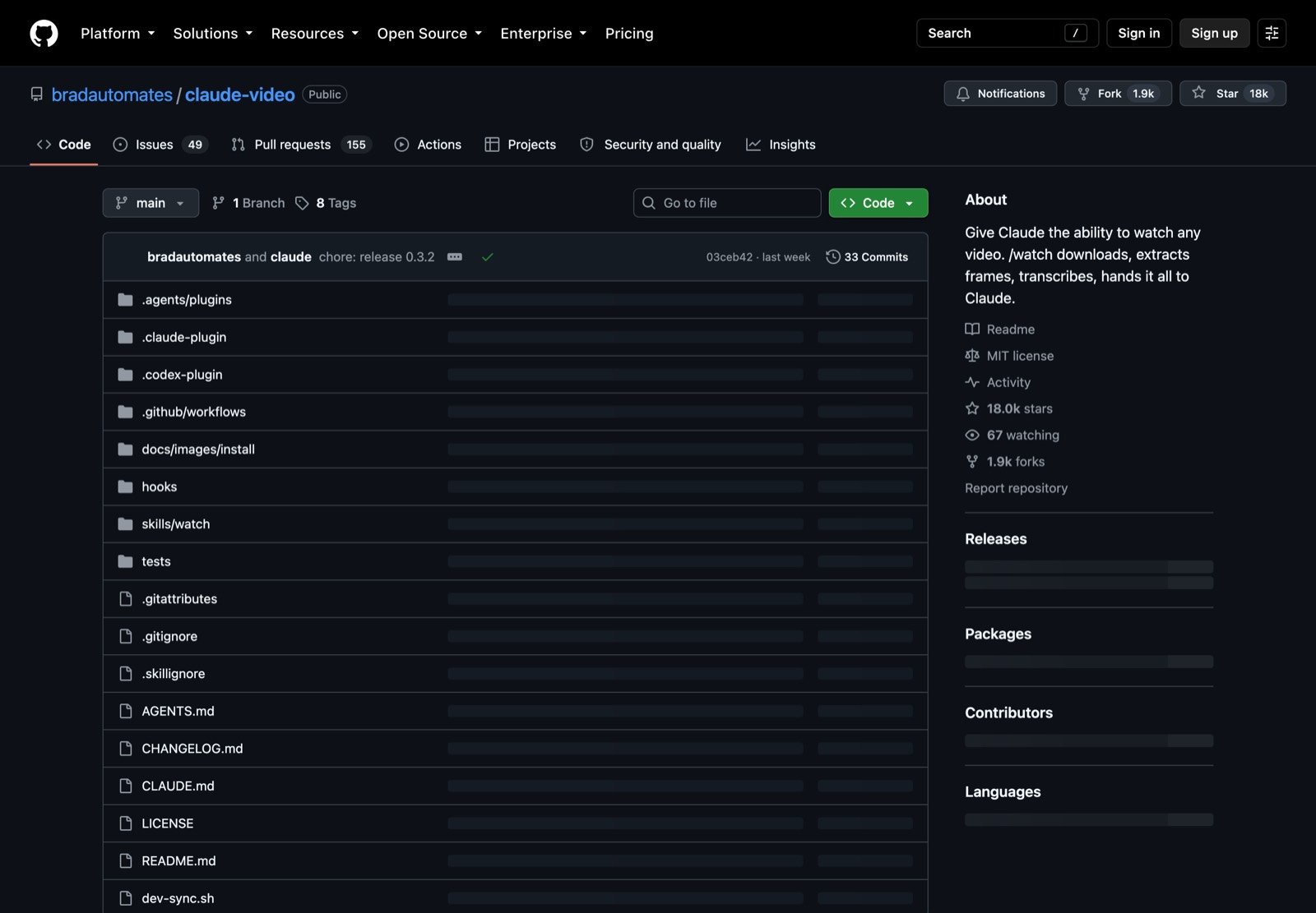 Repositorio bradautomates/claude-video en GitHub con 18.000 estrellas y licencia MIT